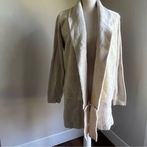 Ceny Mid Thigh Length Cream Colored Open Cardigan Faux Fur and Suede Knit